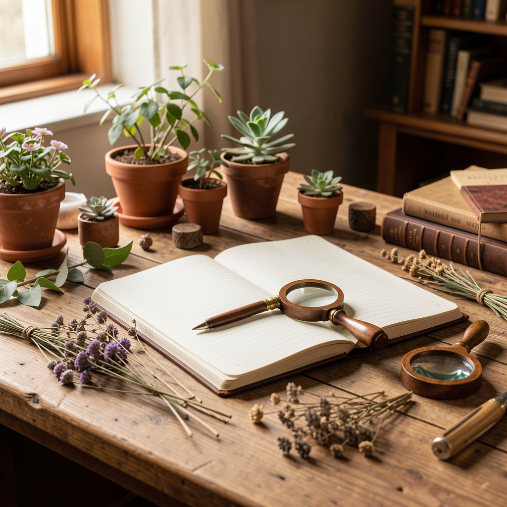 Mesa de trabajo con cuaderno de notas abierto, plantas botánicas secas y lupa de madera sobre superficie de madera natural, ambiente de investigación editorial cálido