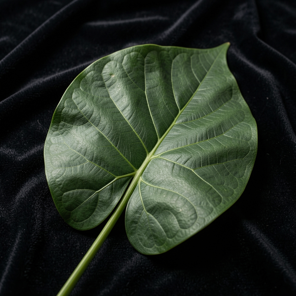 Hoja tropical de gran formato con nervaduras visibles sobre fondo oscuro de terciopelo, fotografía macro de estudio con iluminación dramática lateral