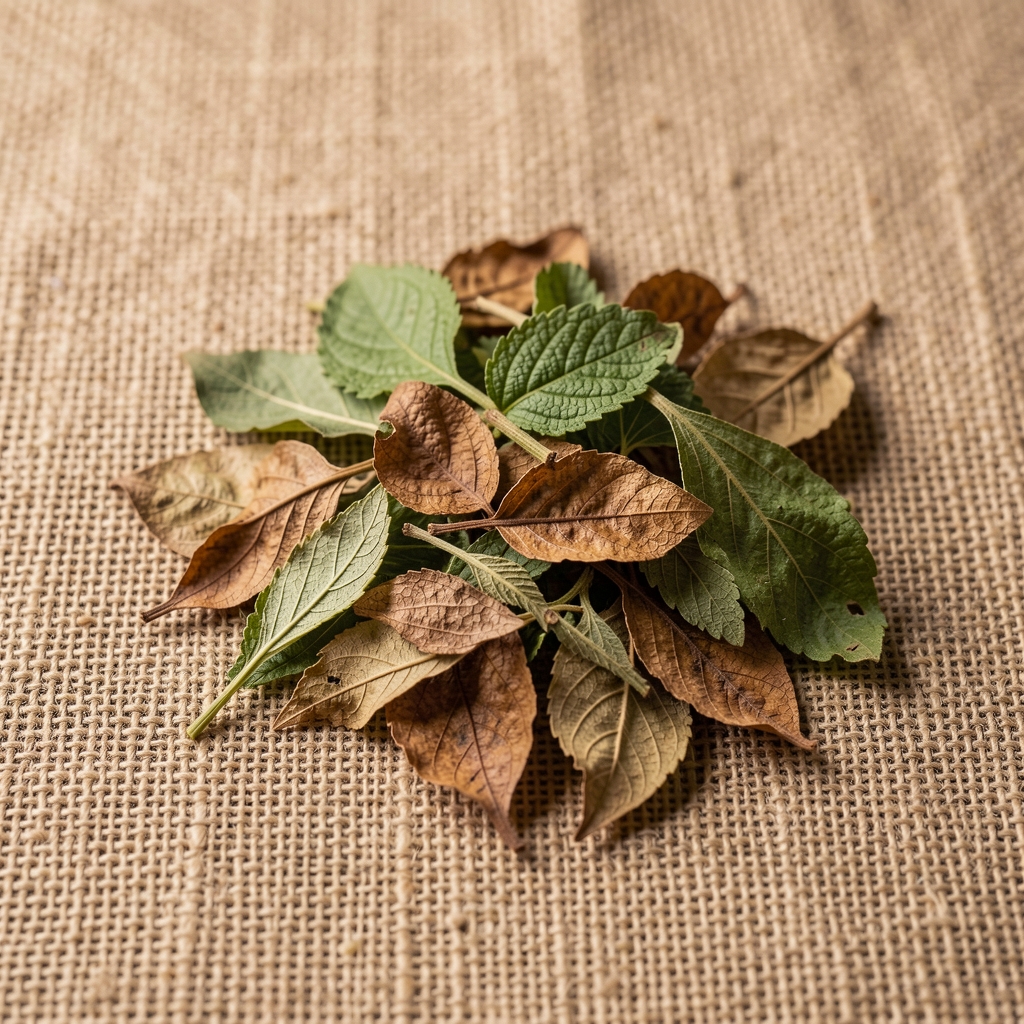 Hojas de plantas adaptógenas secas con tonos verdes y marrones sobre superficie de lino natural, composición minimalista de estudio